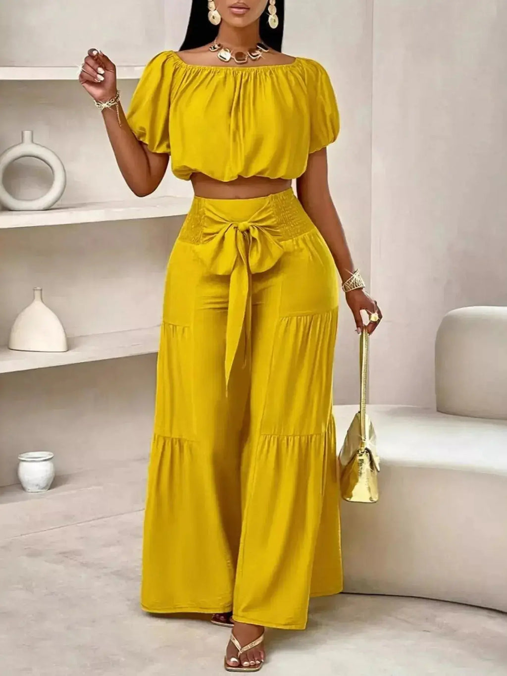 Elegant Off-Shoulder Crop Top and Ruched Wide Leg Pants Set - DaisyDrop 
