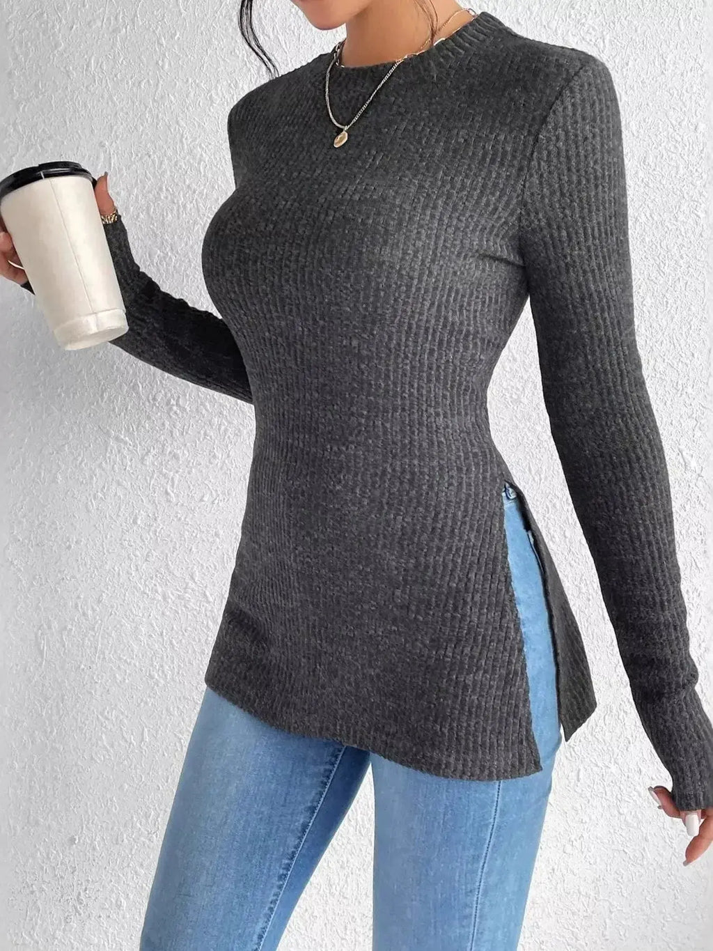 Slit Round Neck Long Sleeve T-Shirt - DaisyDrop 