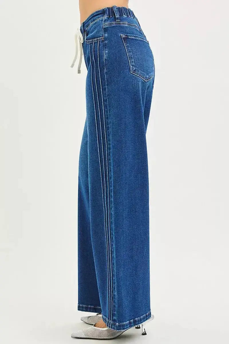 RISEN Full Size Mid Rise Wide Side Pintuck Jeans with Front Drawstring Plus Size - DaisyDrop 