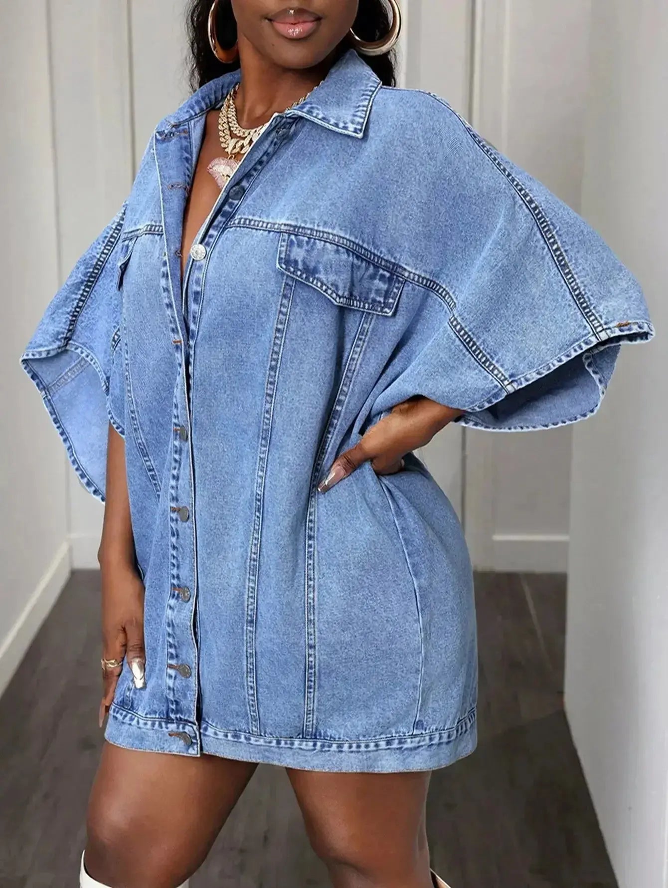 Oversized Batwing Sleeve Denim Top - DaisyDrop 