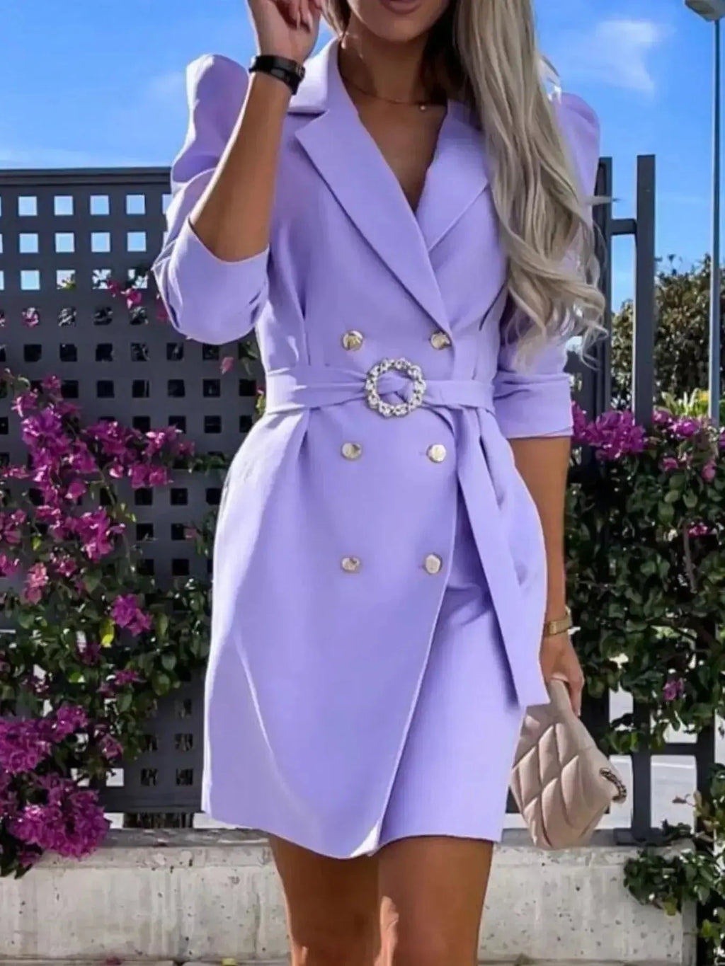 3/4 Sleeve Belted Blazer Dress - DaisyDrop 