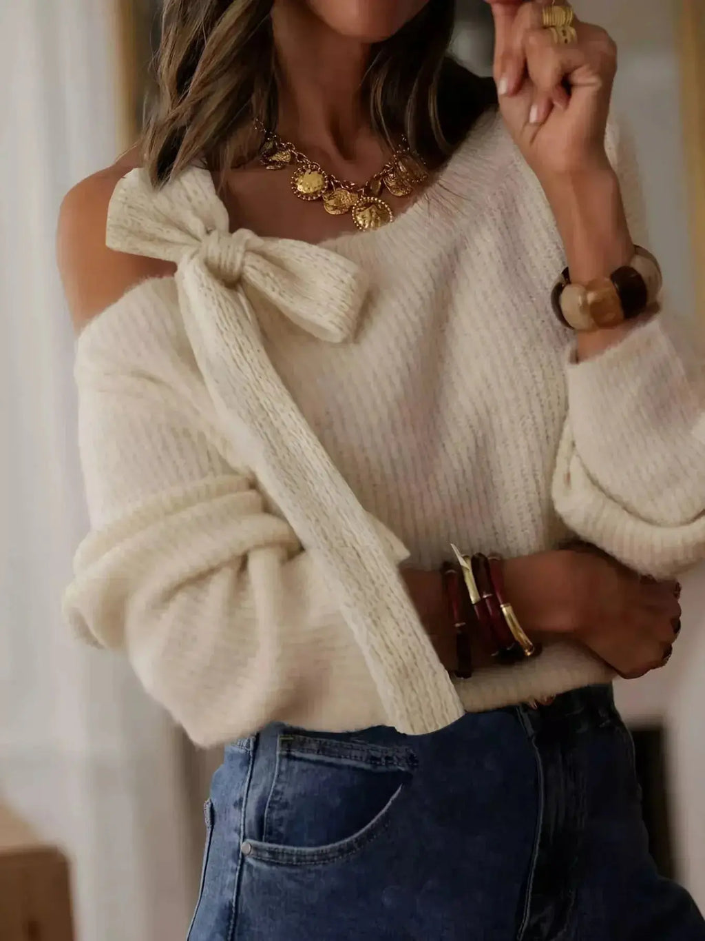 Bow-Accent One-Shoulder Sweater - DaisyDrop 