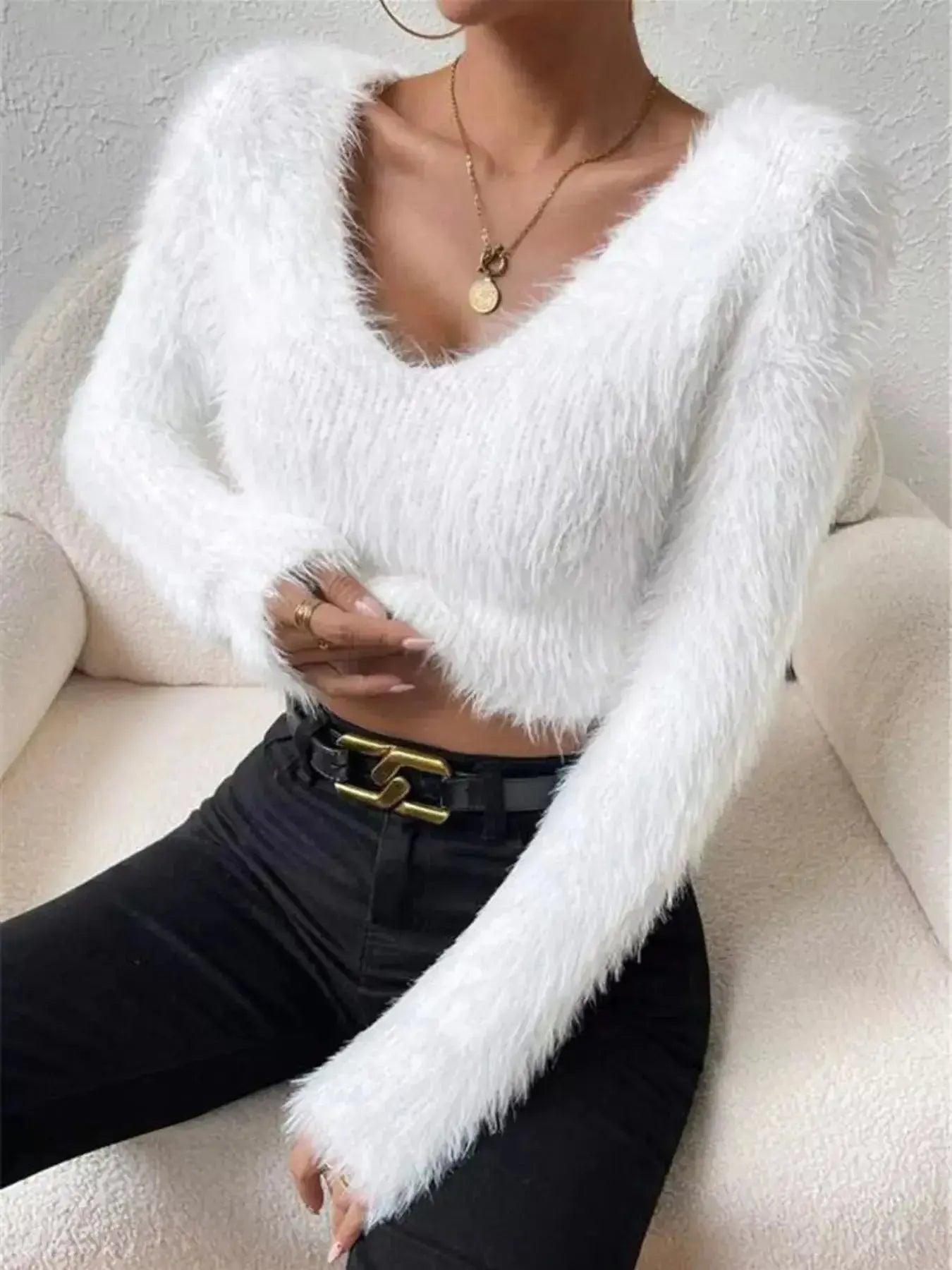 Fluffy Knit V-Neck Sweater - DaisyDrop 