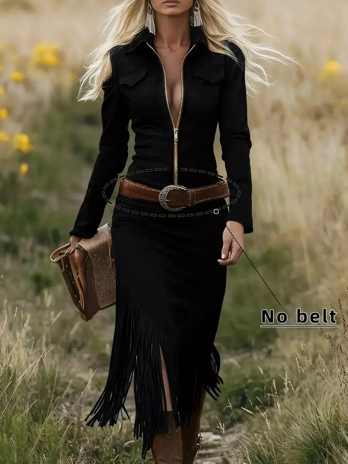 Fringe Zip Front Long Sleeve Dress - DaisyDrop 