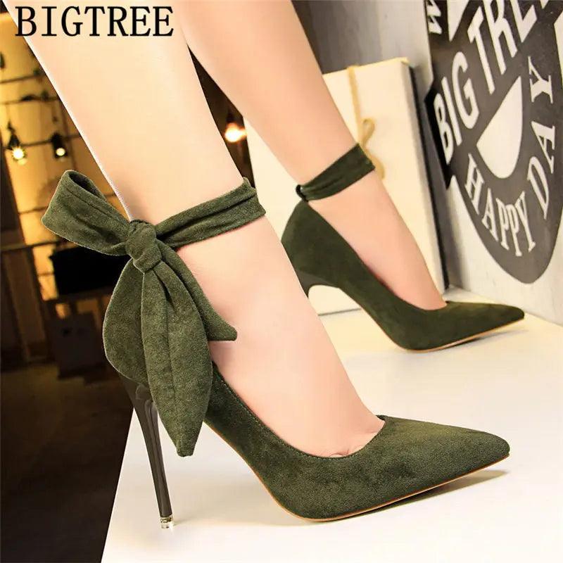 dress shoes women stiletto moccasin bigtree shoes Butterfly knot new arrival 2019 green shoes for women luxury high heels buty eprolo