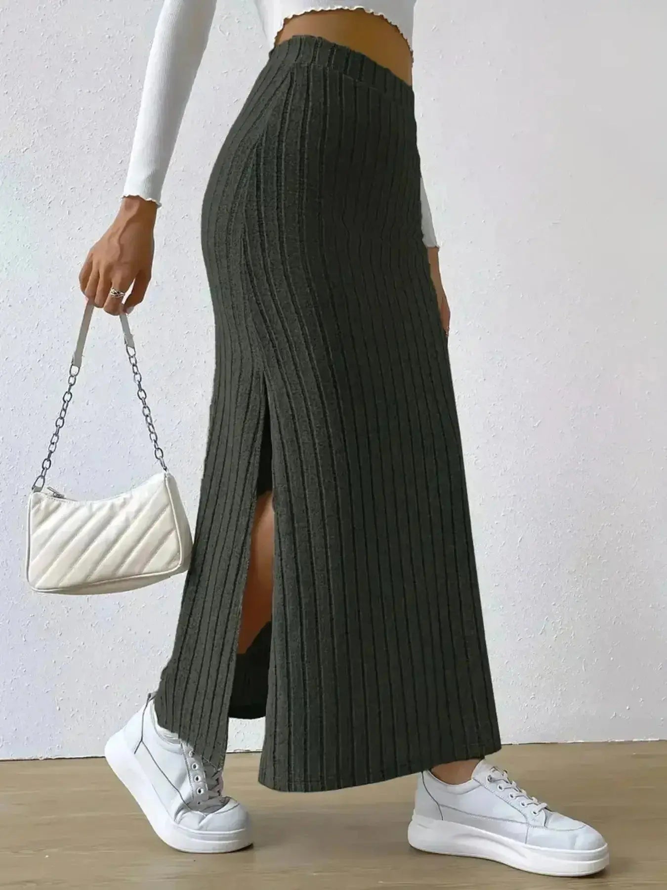 High Waist Ribbed Knit Maxi Skirt - DaisyDrop 