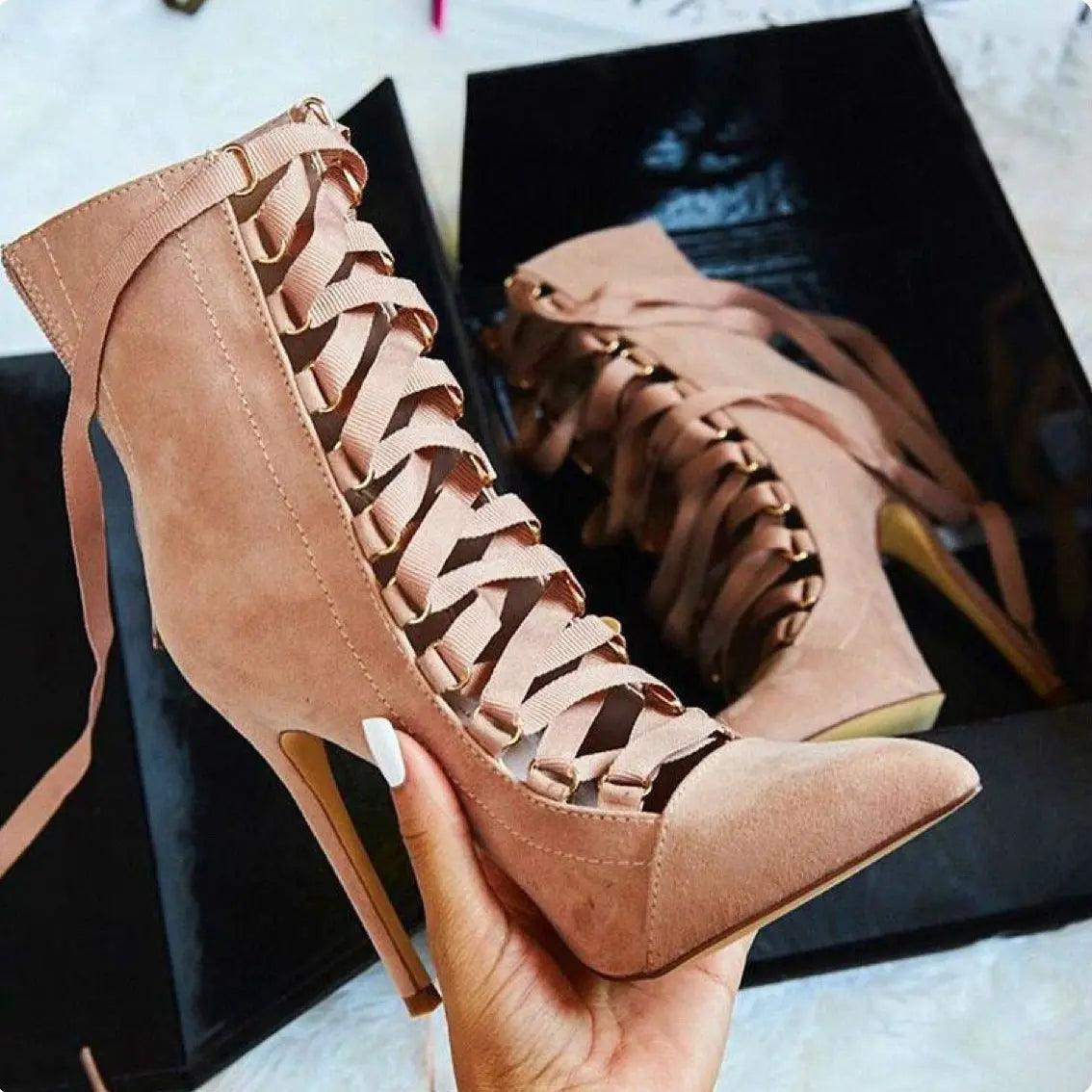 Cross-Strap Oxford Stiletto Heel Boots Pointed Toe eprolo