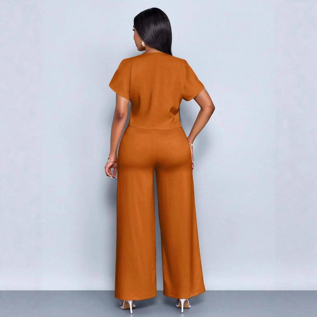 Two-Piece  Short Sleeve V-Neck Wide Leg Pants Set eprolo