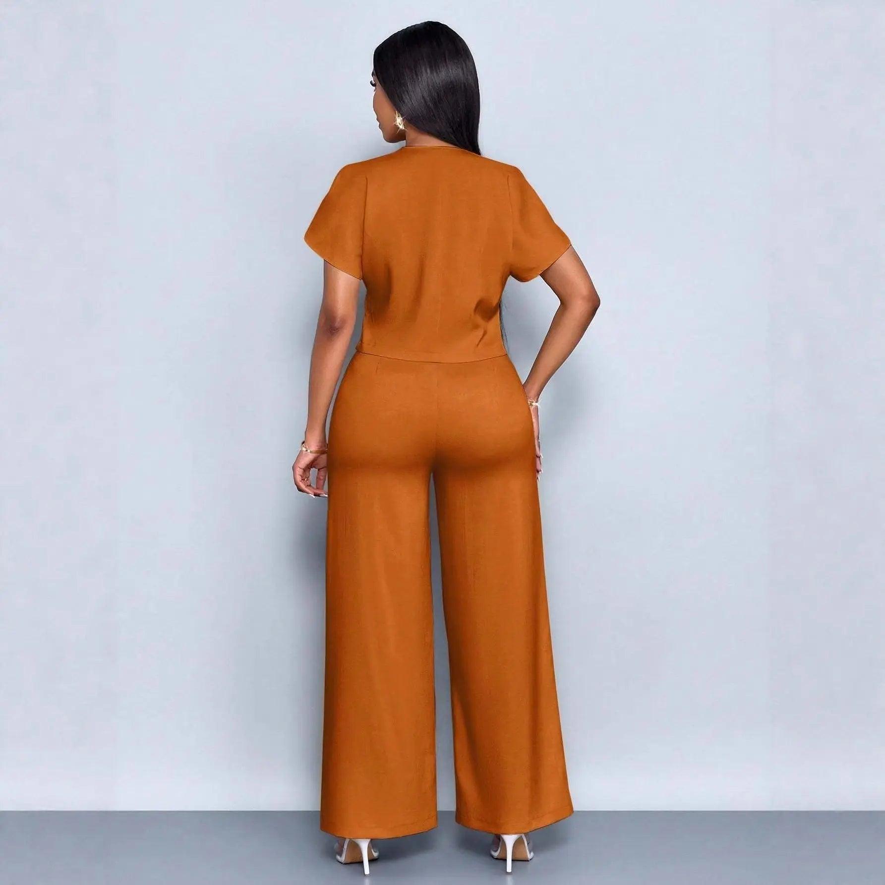 Two-Piece  Short Sleeve V-Neck Wide Leg Pants Set eprolo