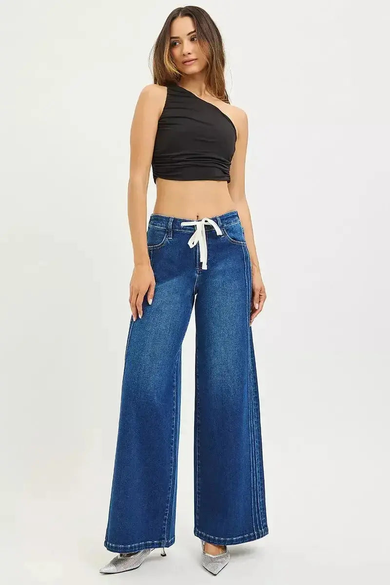 RISEN Full Size Mid Rise Wide Side Pintuck Jeans with Front Drawstring Plus Size - DaisyDrop 