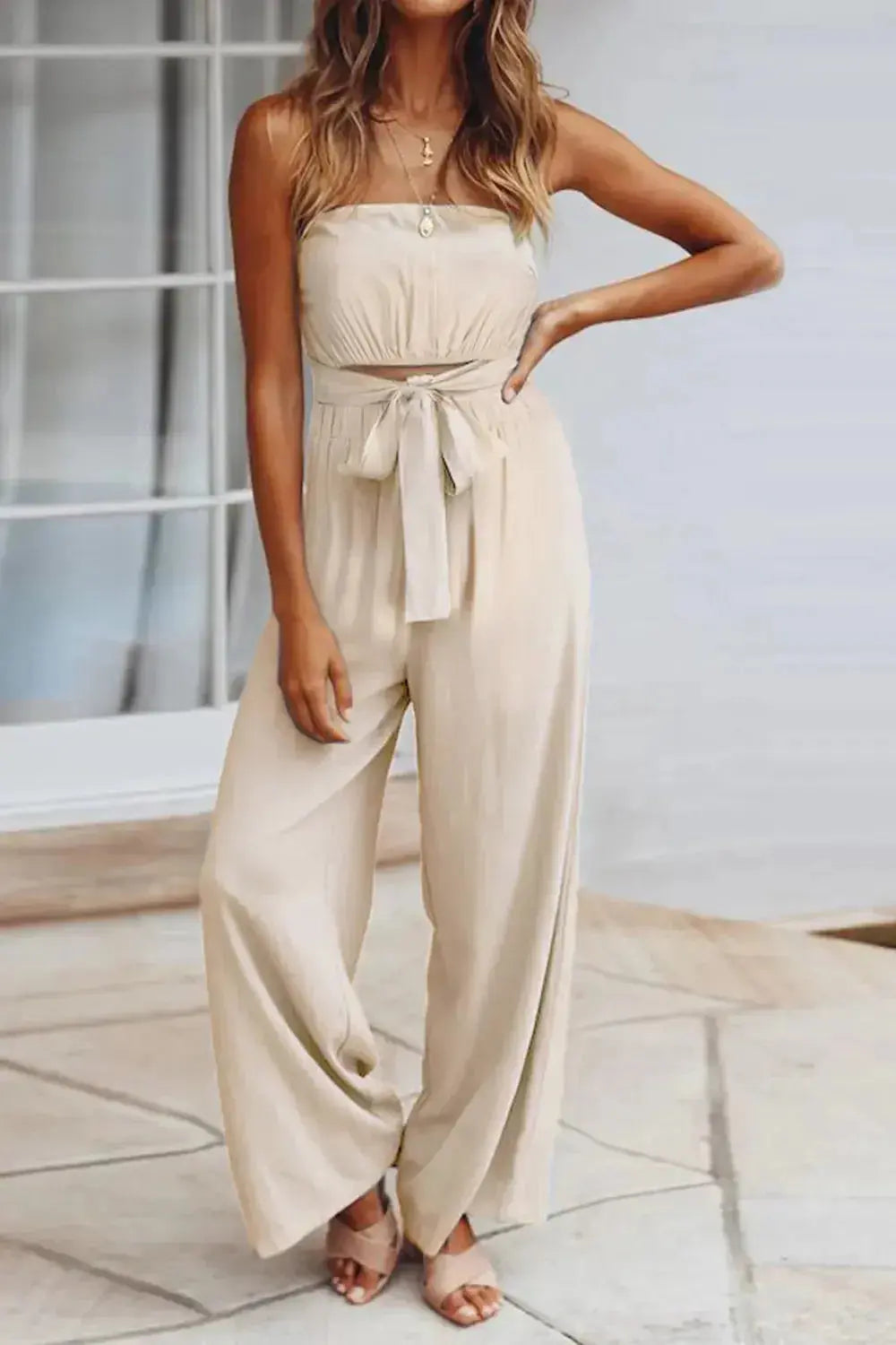 Tied Cutout Tube Wide Leg Jumpsuit - DaisyDrop 