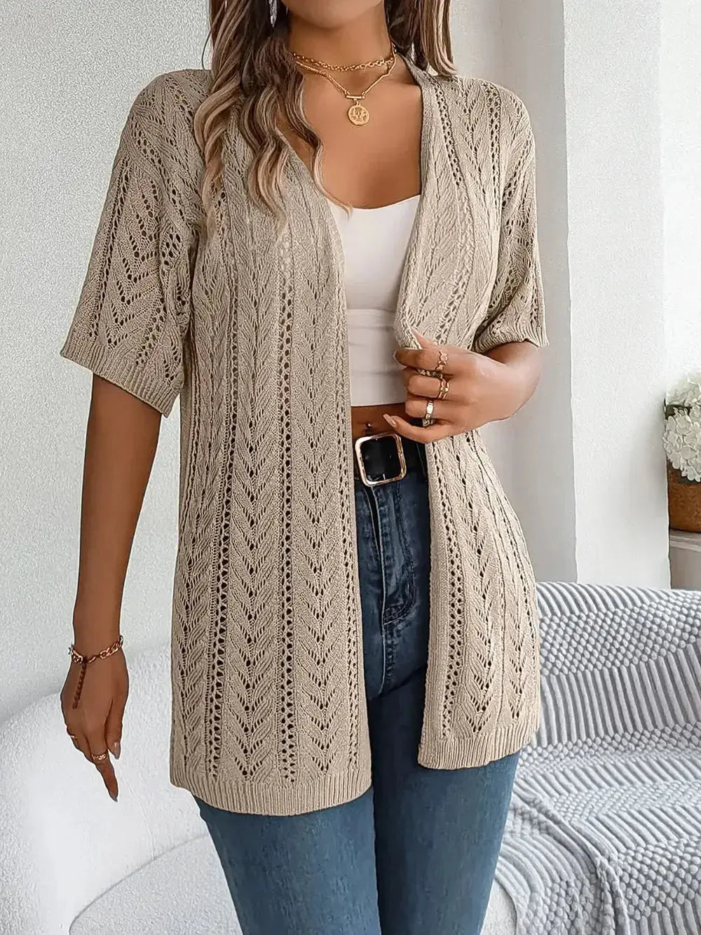 Openwork Open Front Half Sleeve Cardigan - DaisyDrop 
