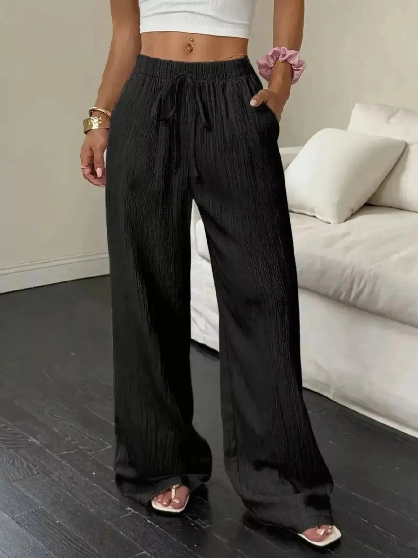 Wide Leg Pants with Drawstring - DaisyDrop 