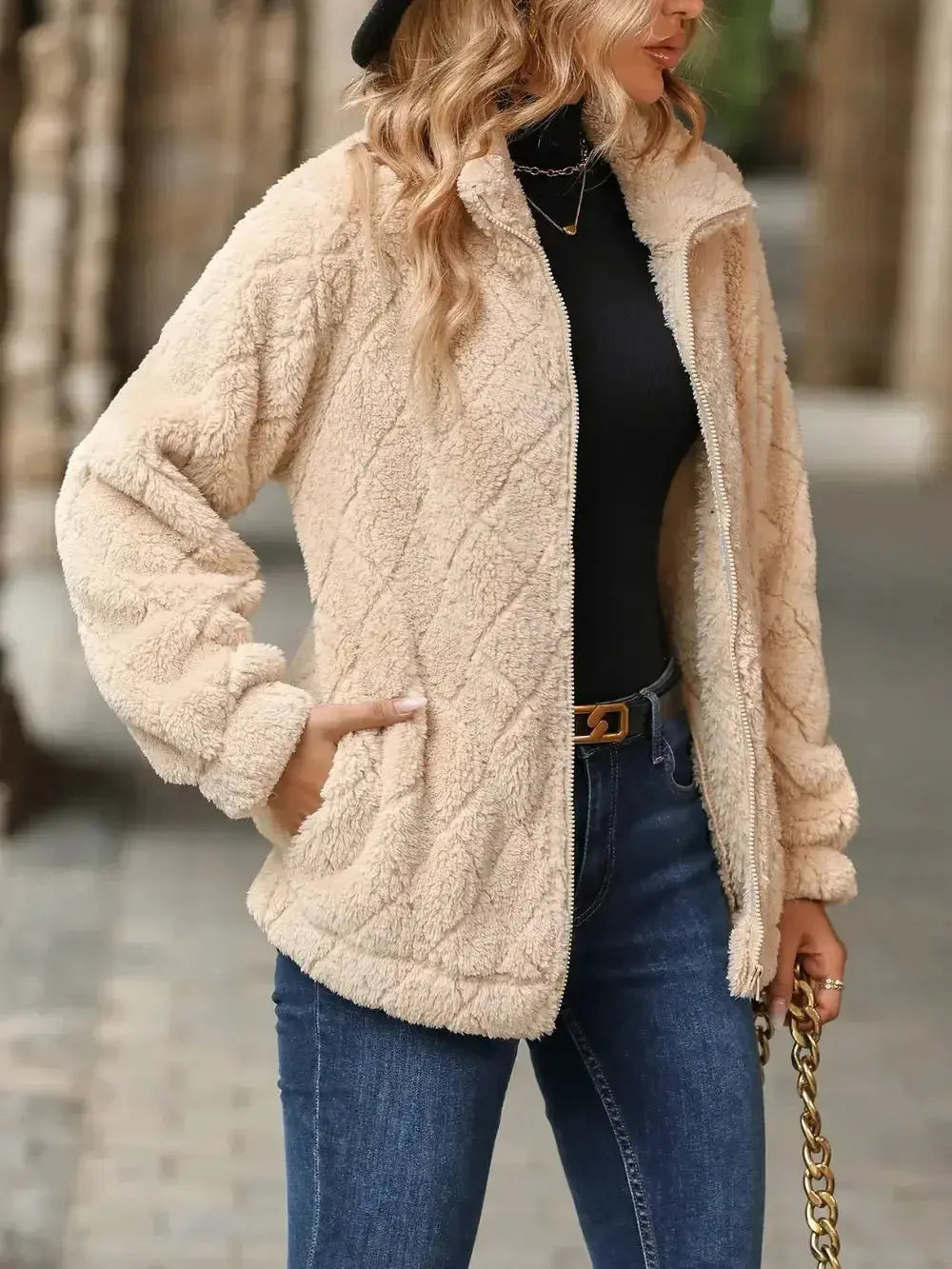 Fuzzy Pocketed Zip Up Jacket - DaisyDrop 