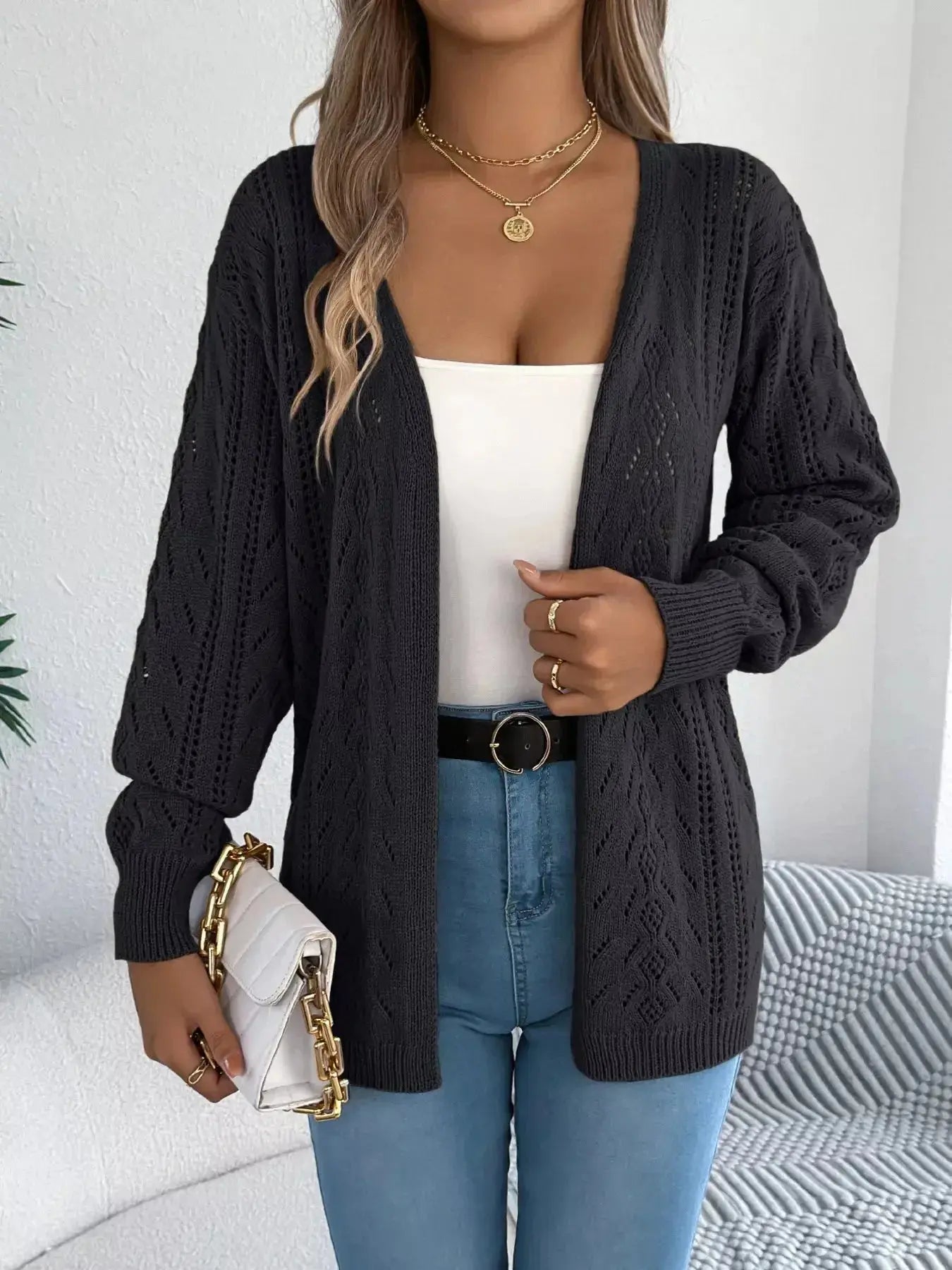 Openwork Open Front Cardigan - DaisyDrop 
