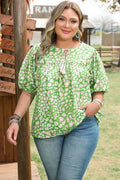 Selena Plus Size Floral Tassel Tie Blouse Threaded Pear