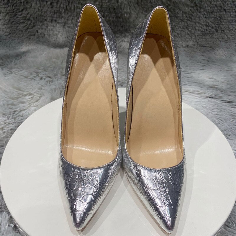 Silver Crocodile-Effect Women Sexy Pumps
