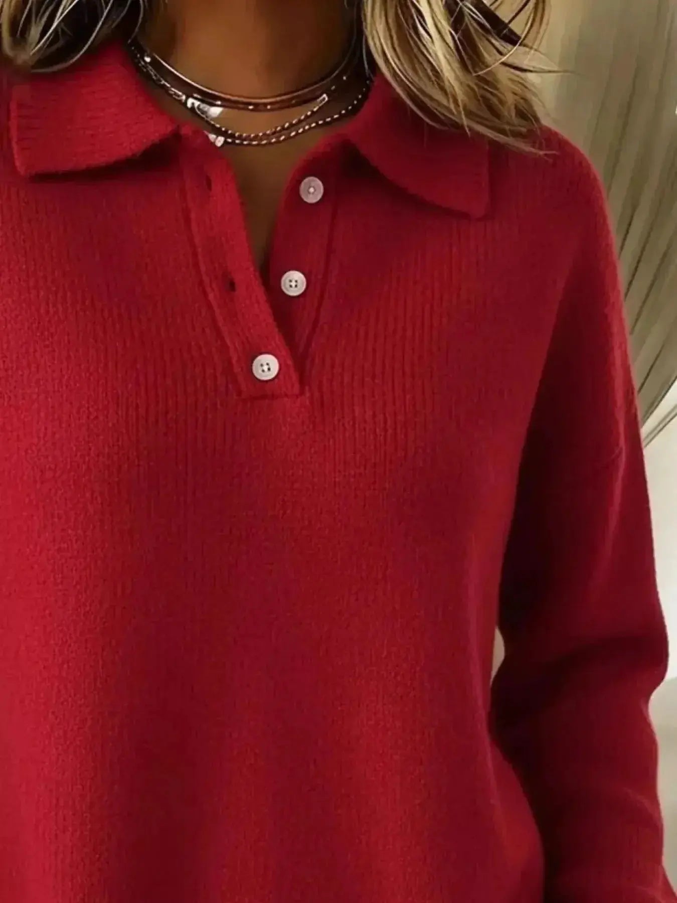 Full Size Half Button Collar Drop Shoulder Sweater Plus Size - DaisyDrop 