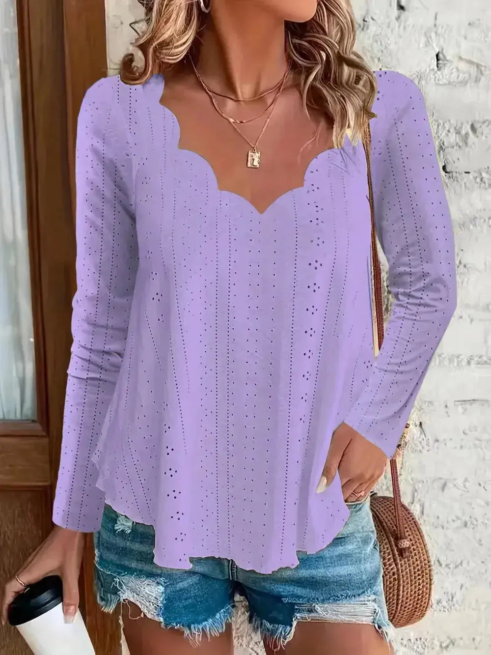 Eyelet Long Sleeve Blouse - DaisyDrop 