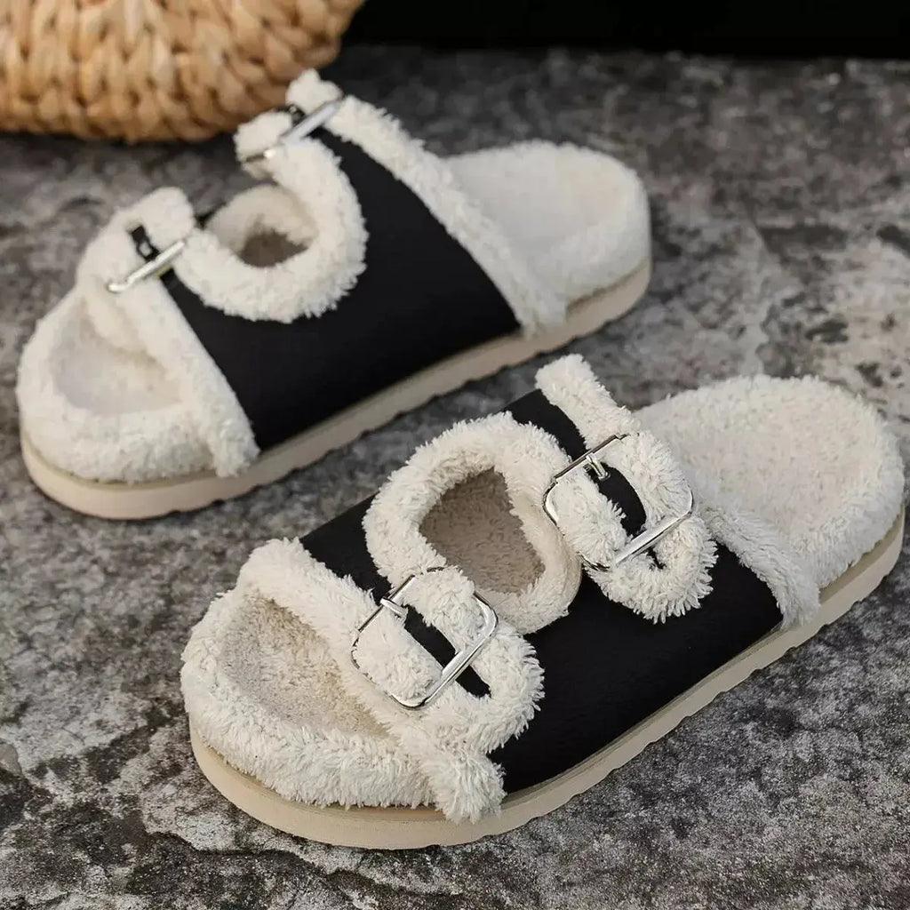 Buckle Decor Plush Lined Platform Slippers - DaisyDrop 