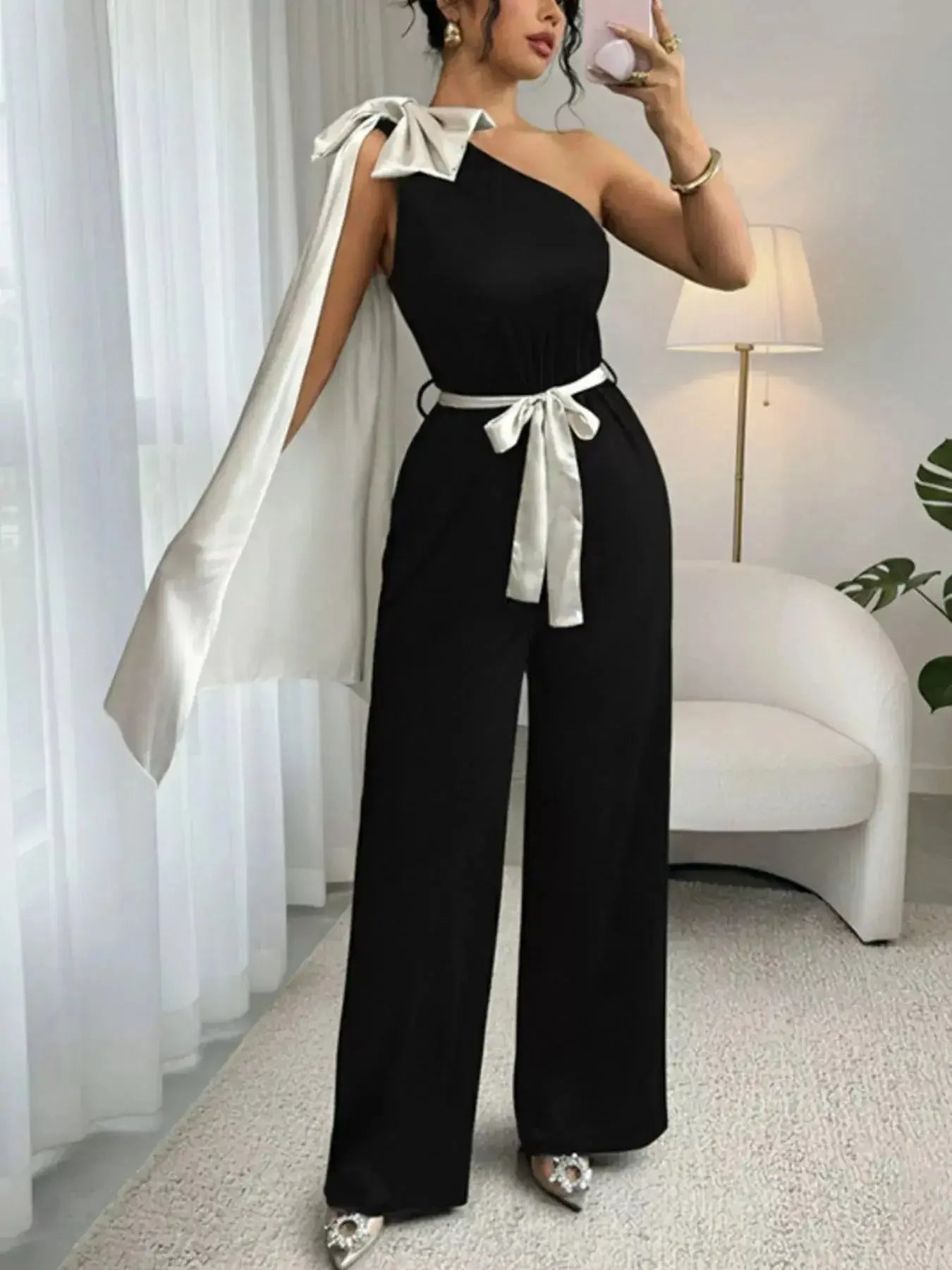 One-Shoulder Bowknot Wide Leg Jumpsuit - DaisyDrop 