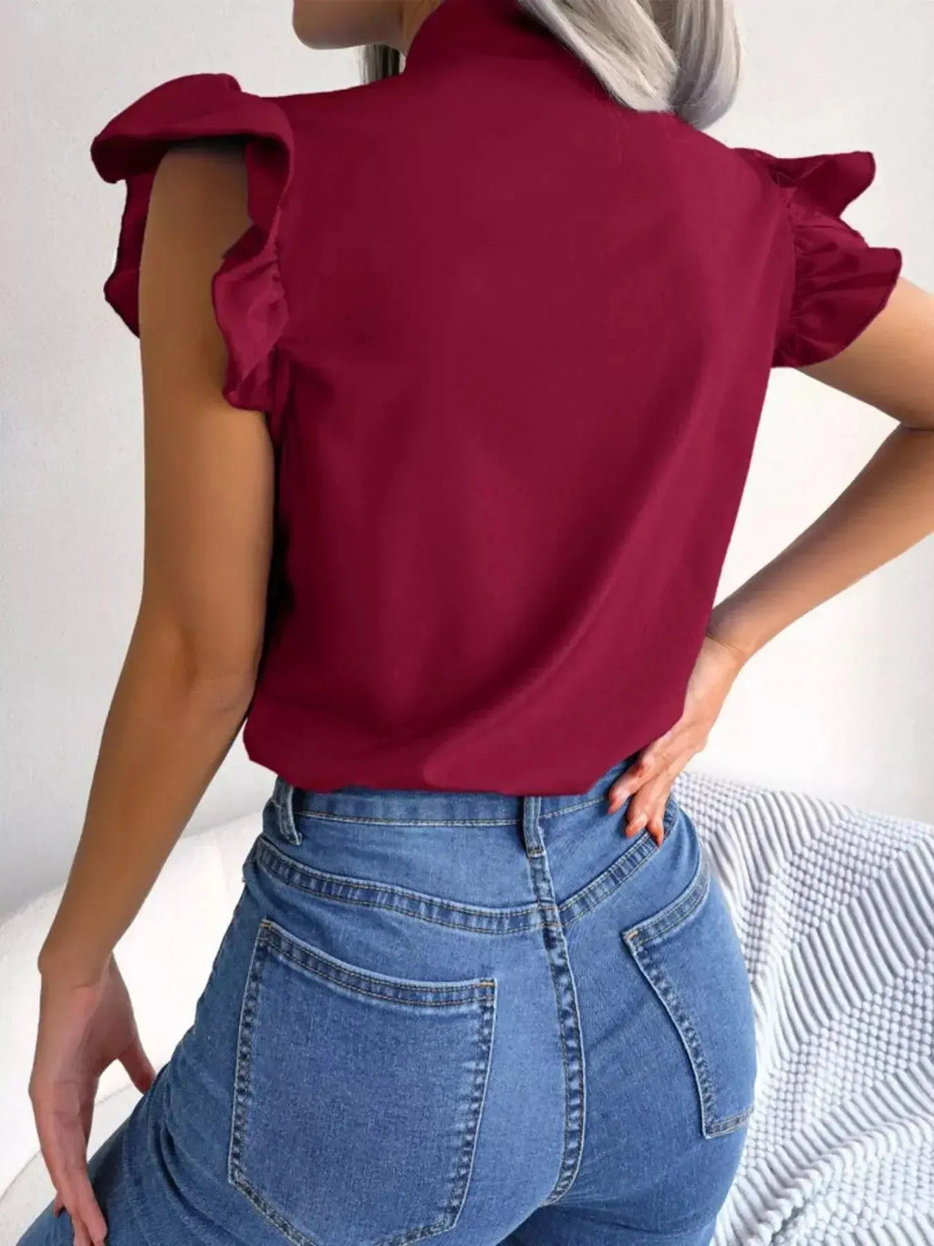 Bow Tie Ruffle Sleeve Blouse - DaisyDrop 