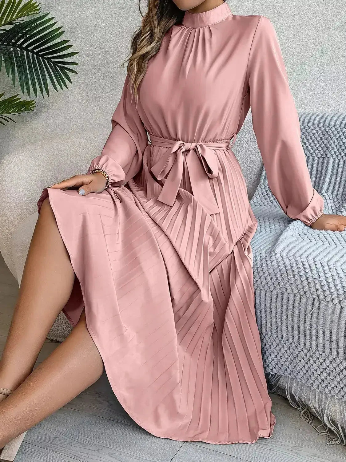 Mock Neck Pleated Midi Dress - DaisyDrop 
