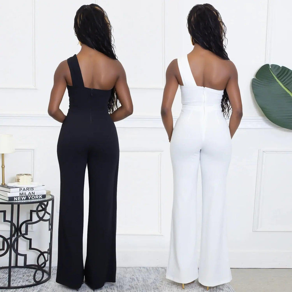Elegant Decorative Button Asymmetrical Shoulder Jumpsuit eprolo