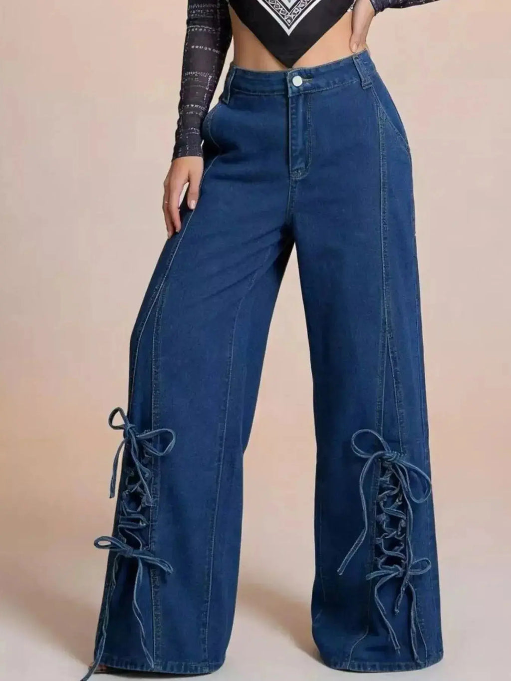 Lace-Up Wide Leg Jeans - DaisyDrop 