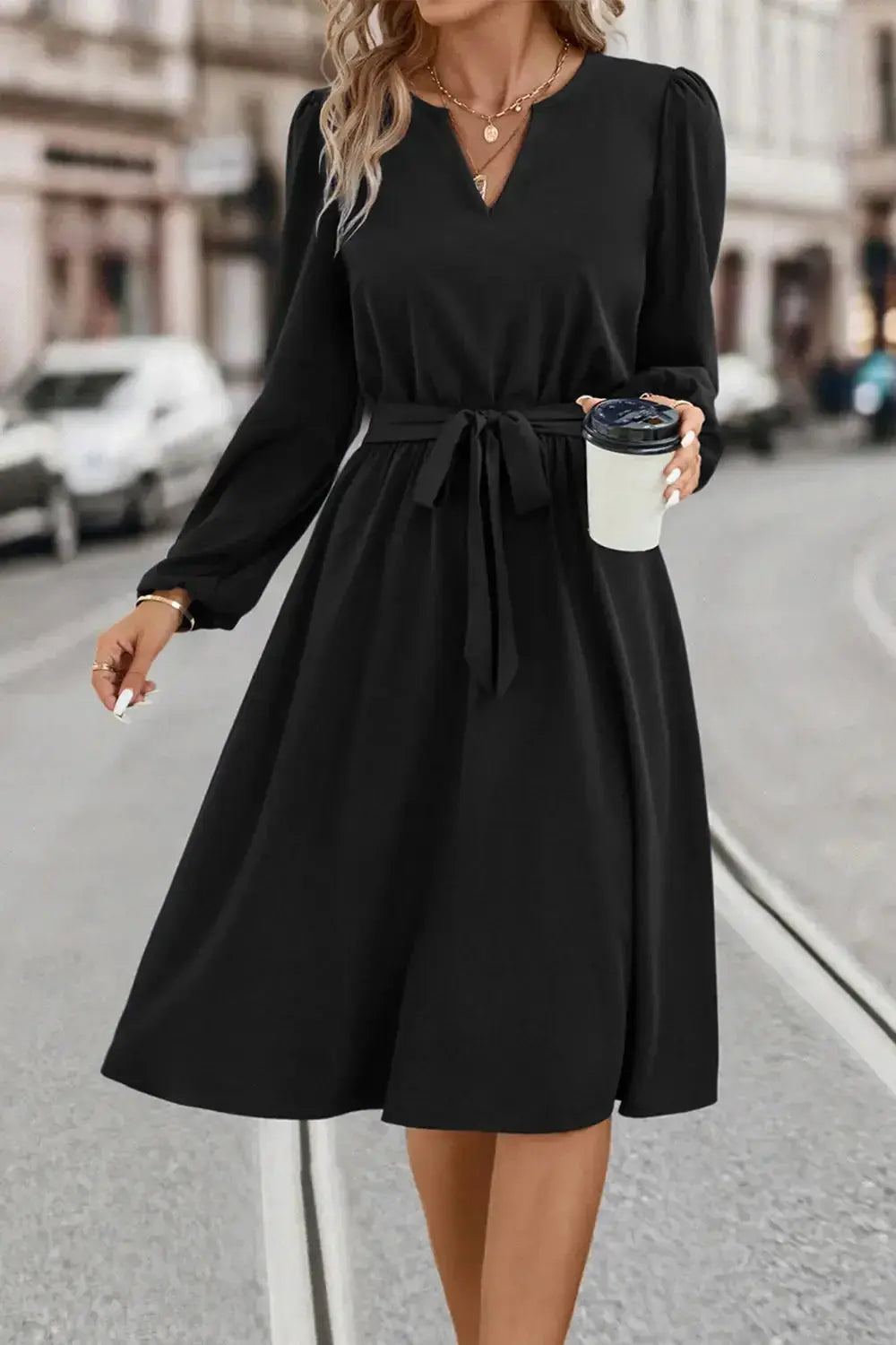 Tie Waist Notched Neck Long Sleeve Dress - DaisyDrop 