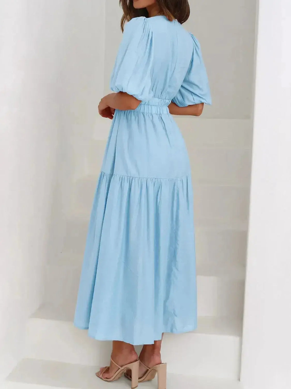 V-Neck Puff Sleeve Midi Dress - DaisyDrop 