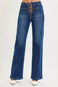 RISEN Full Size High Rise Wide Leg Jeans with Front Tie Detail Plus Size - DaisyDrop 