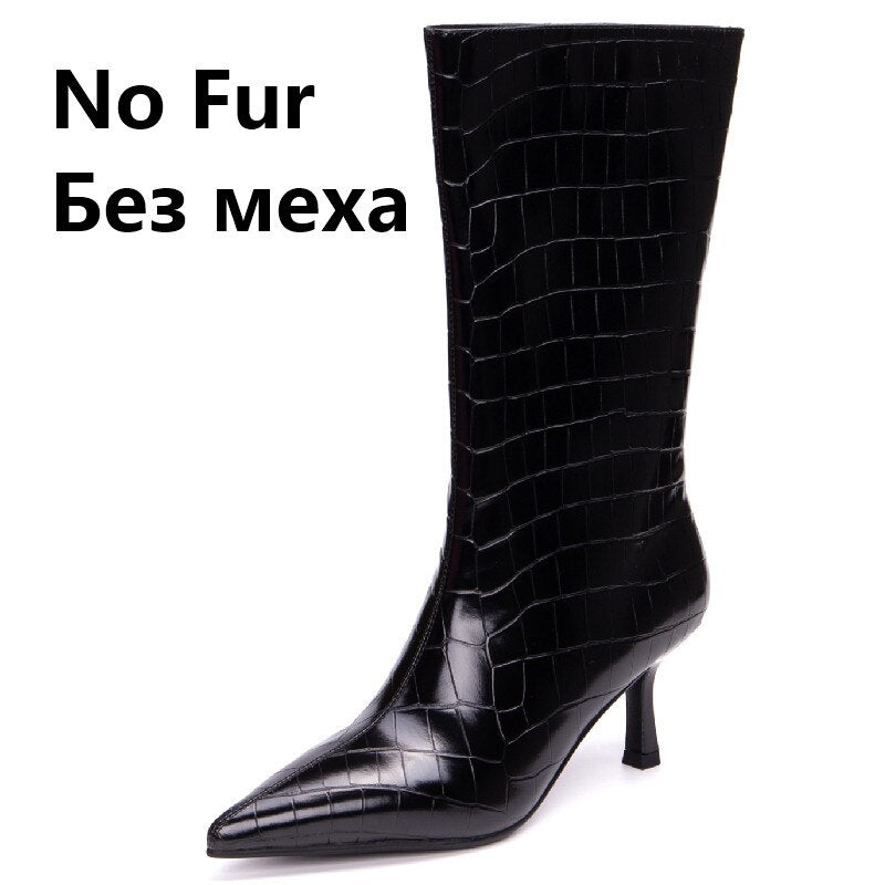 Pointed Toe Thin High Heels Women Mid-Calf Boots