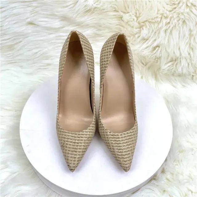 Plaid Glitter Gold Sequined Women Pointy Toe High Heels eprolo