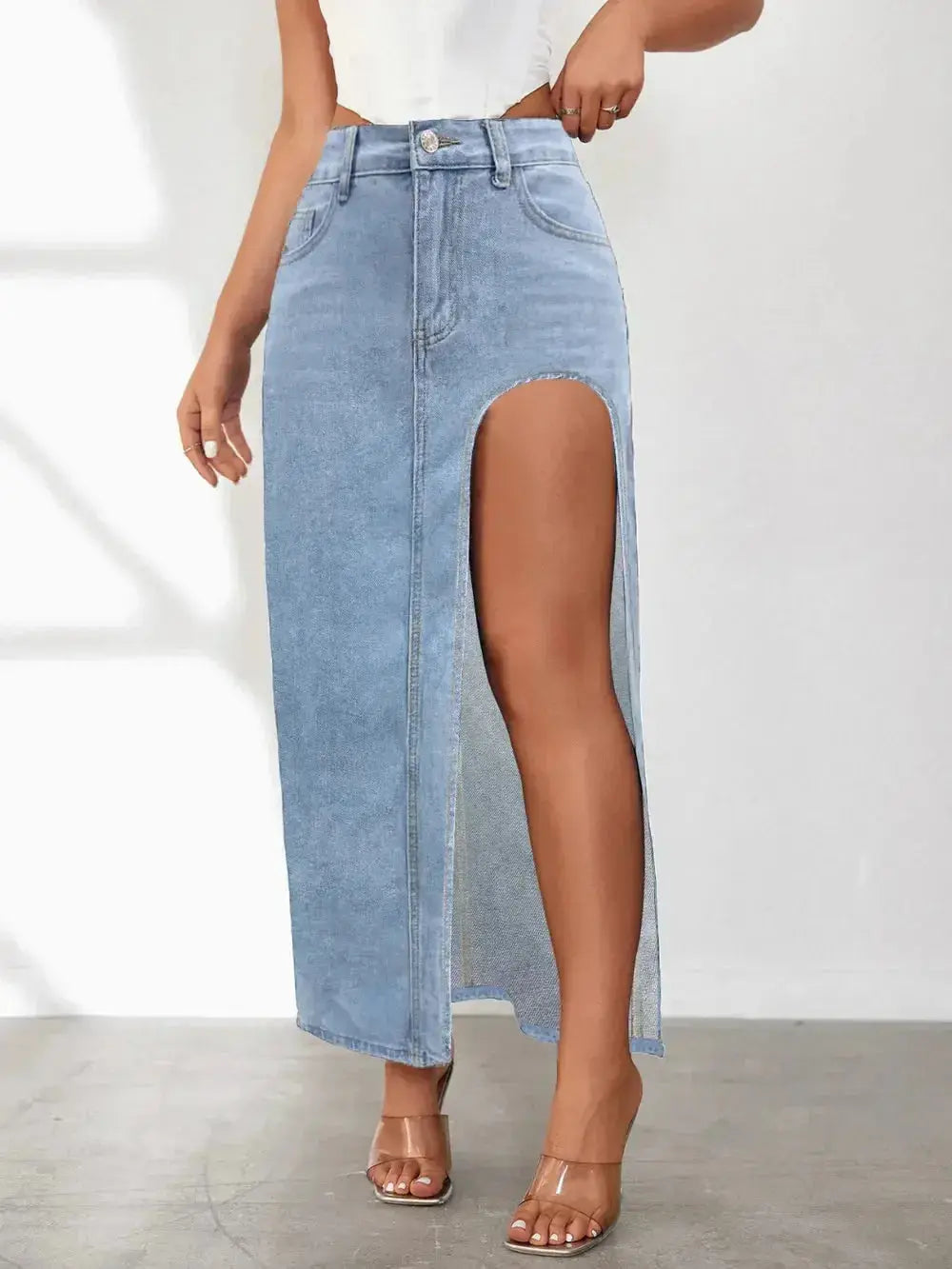 High Rise Slit Denim Skirt - DaisyDrop 