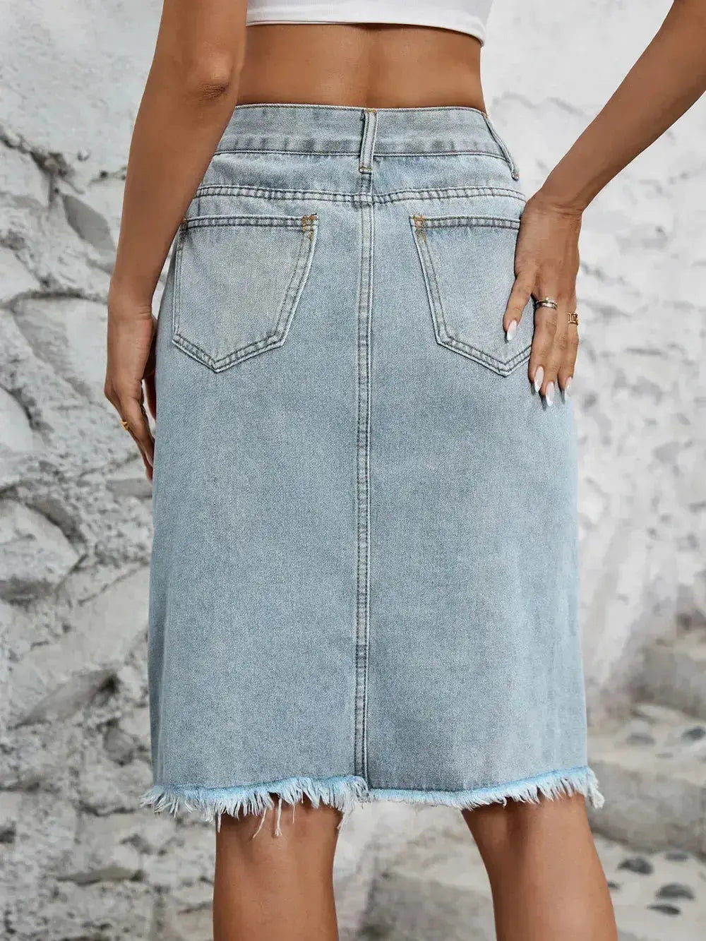 Raw Hem Slit Denim Skirt - DaisyDrop 