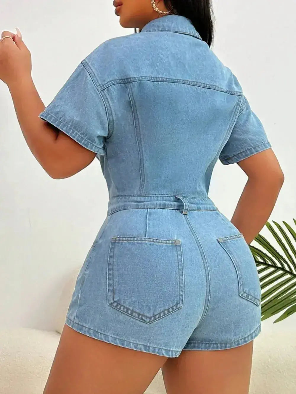 Collared Neck Short Sleeve Denim Romper - DaisyDrop 
