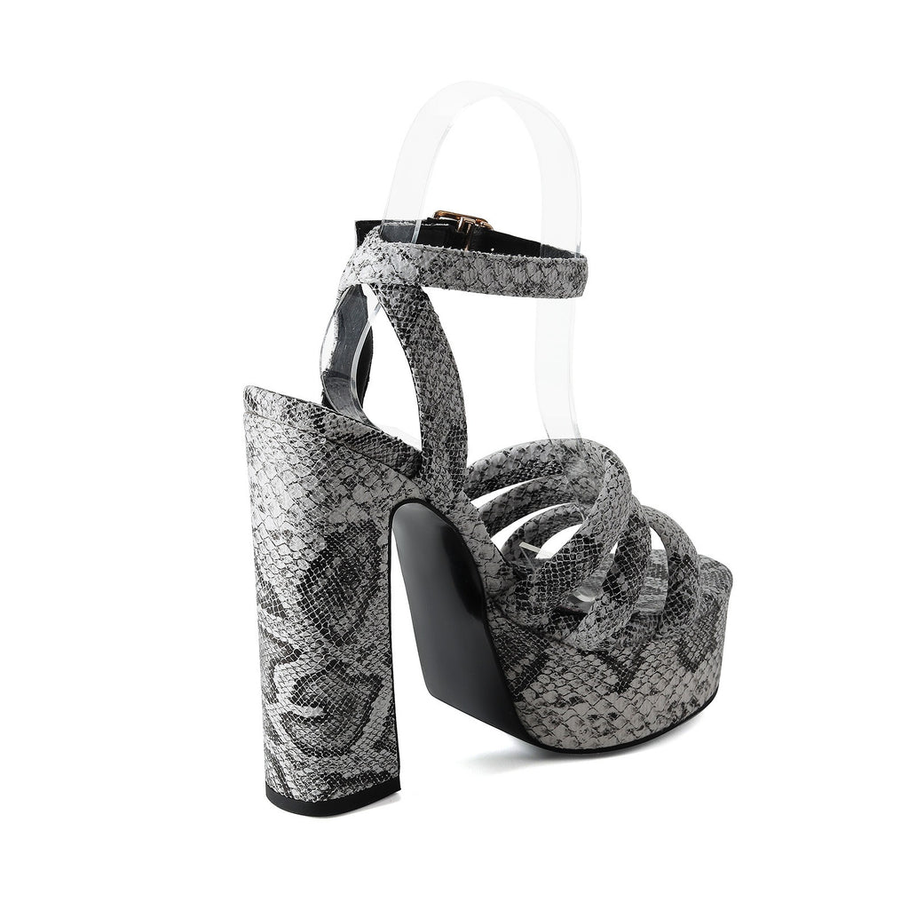 Round toe button strap with exposed toe snake pattern thick heel