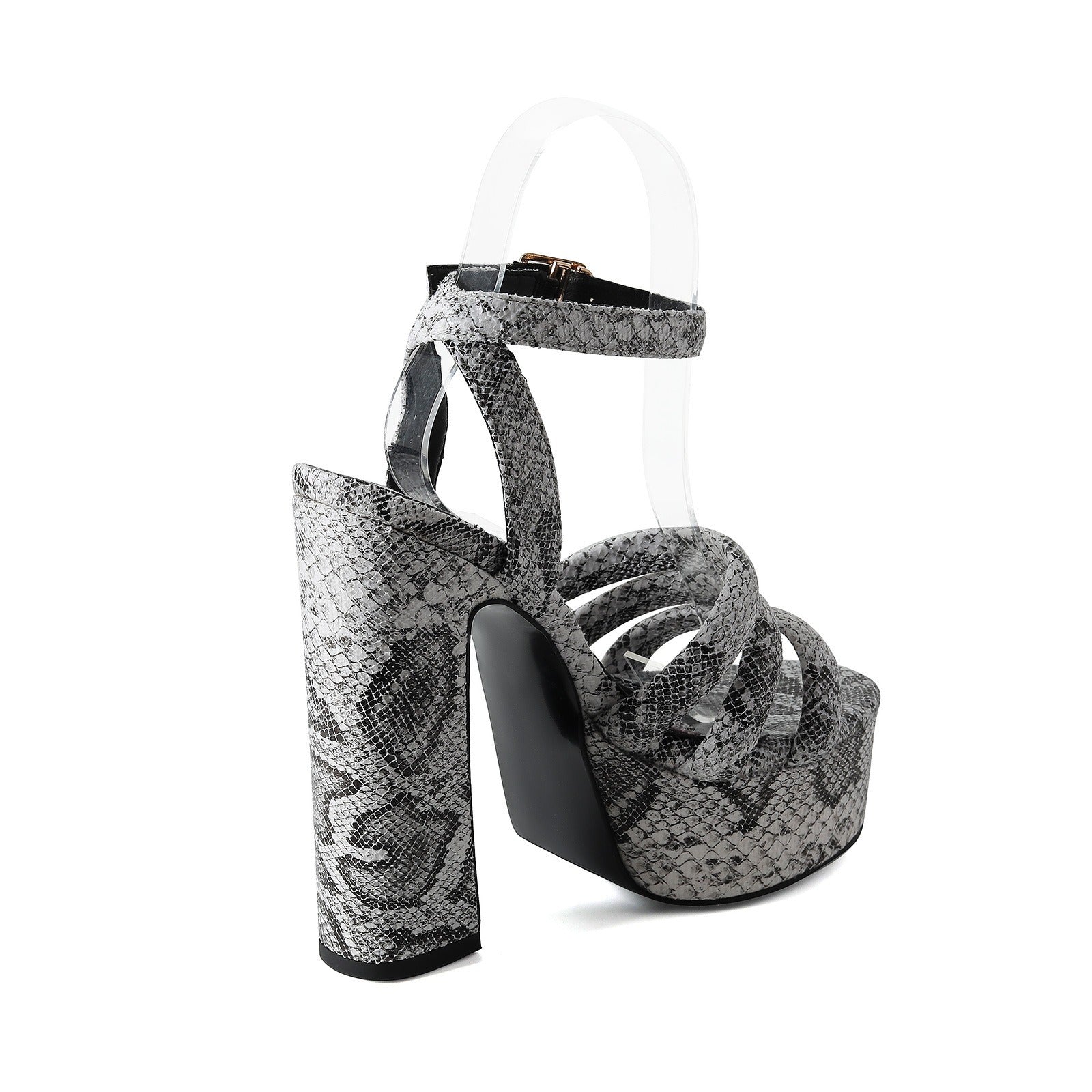 Round toe button strap with exposed toe snake pattern thick heel