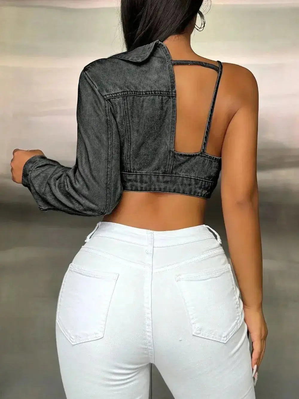 One Shoulder Long Sleeve Cropped Denim Top - DaisyDrop 