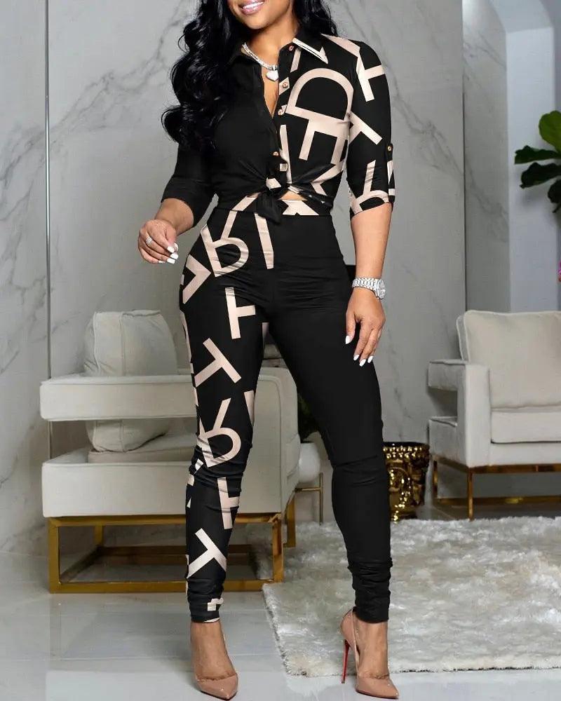 Scarf Chain Print Two Piece Set And Long Skinny Trousers eprolo
