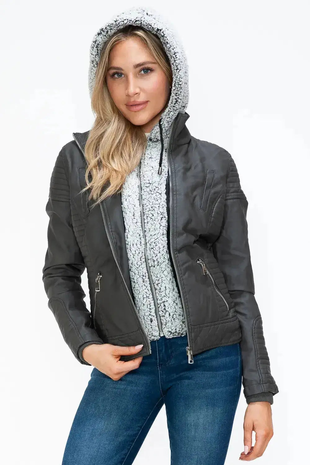 YMI Faux Layered Double-Zipper Jacket with Fuzzy Hood - DaisyDrop 