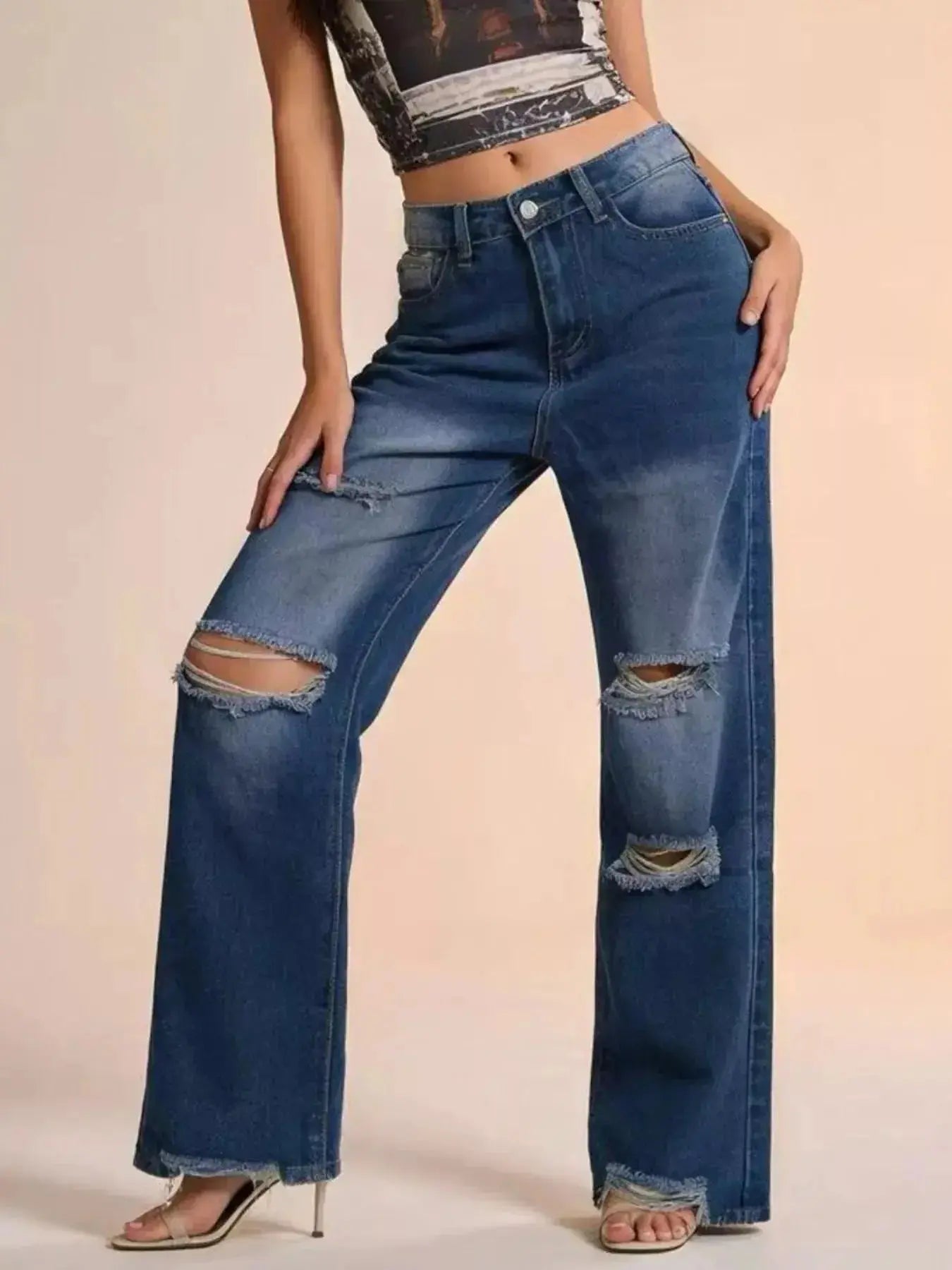 Distressed Wide Leg Jeans - DaisyDrop 
