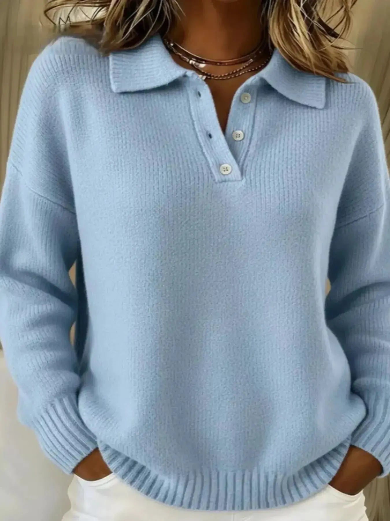Full Size Half Button Collar Drop Shoulder Sweater Plus Size - DaisyDrop 
