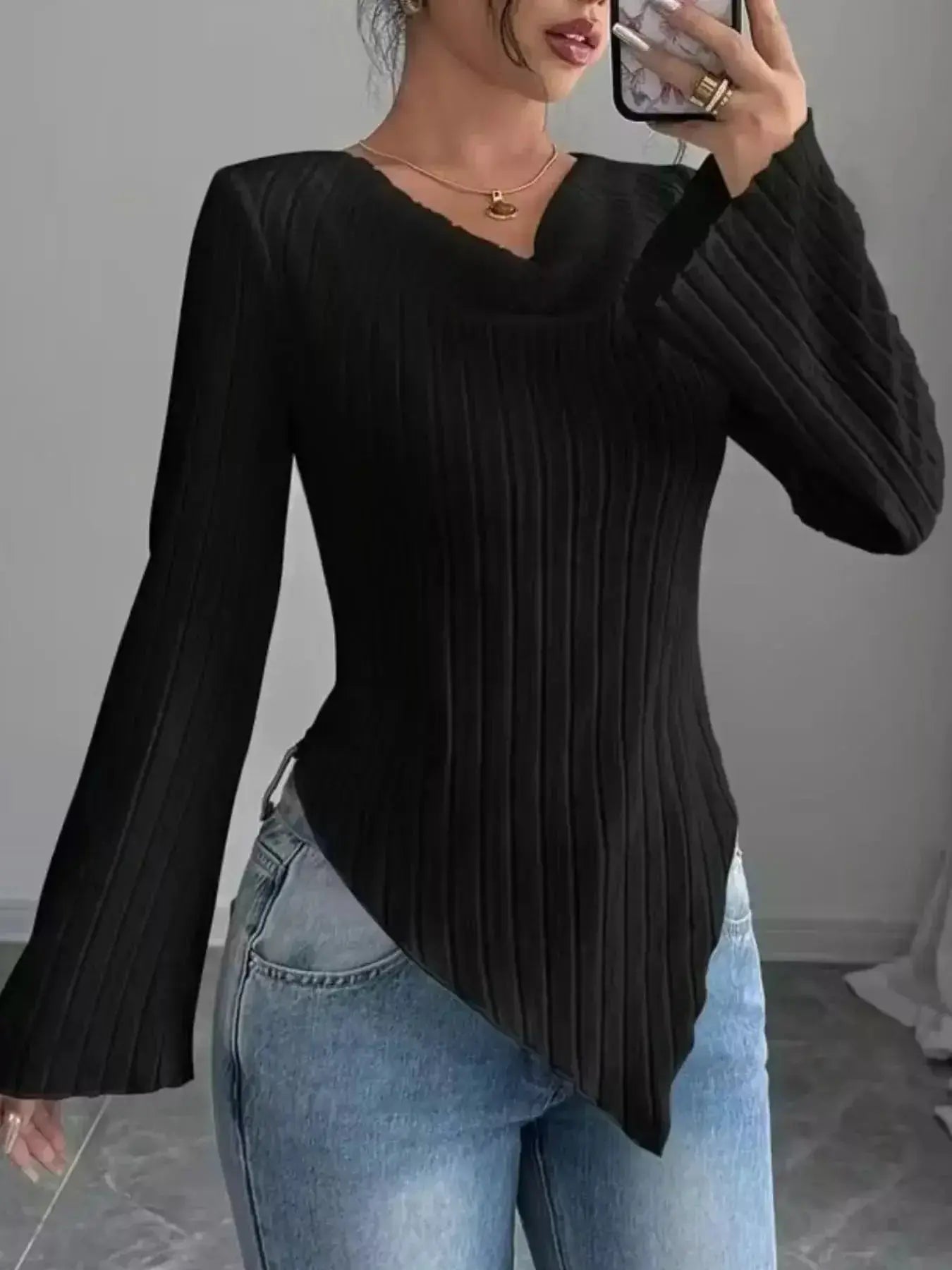 Cowl Neck Ribbed Knit Top - DaisyDrop 
