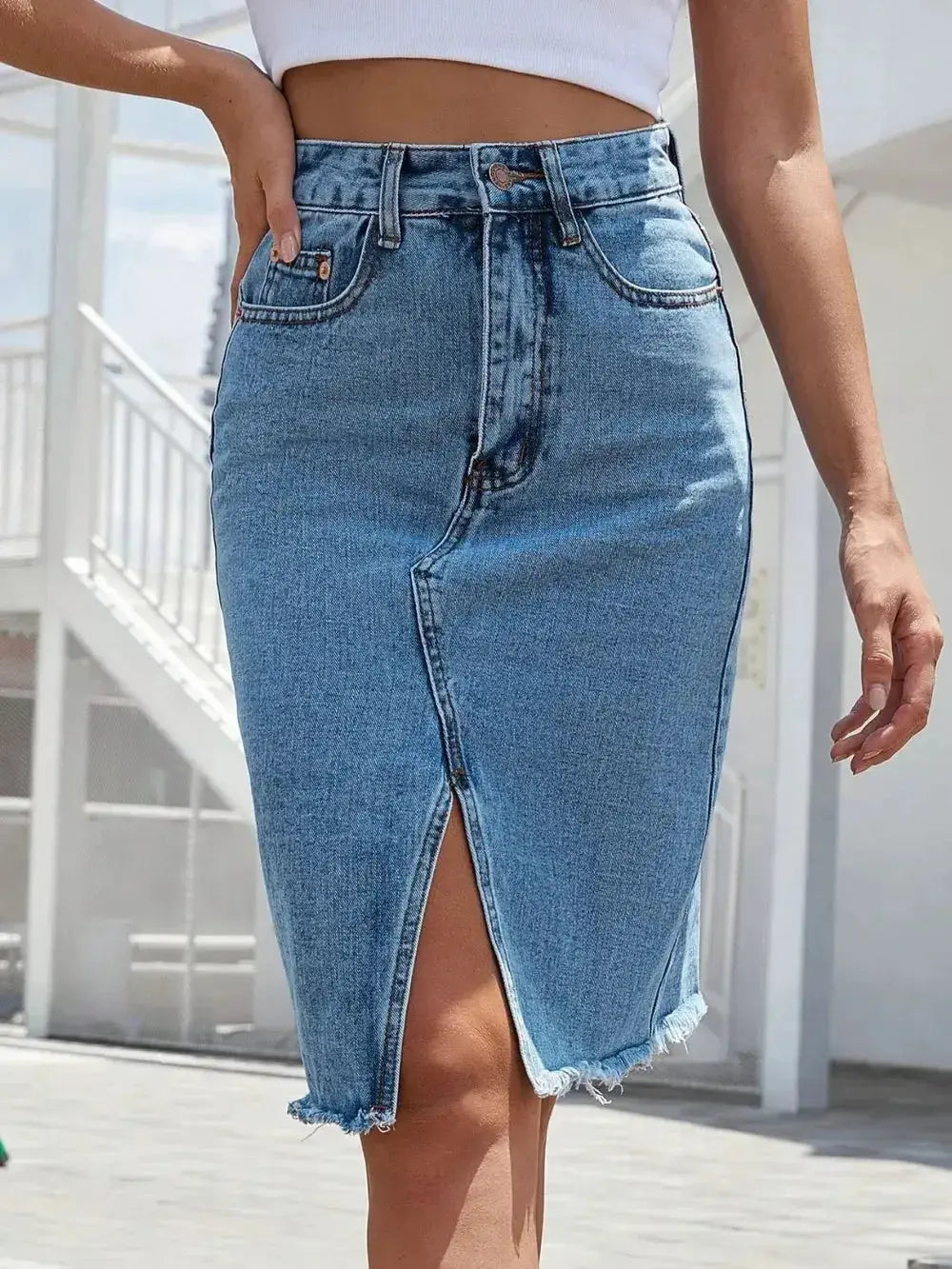 Raw Hem Slit Denim Skirt - DaisyDrop 