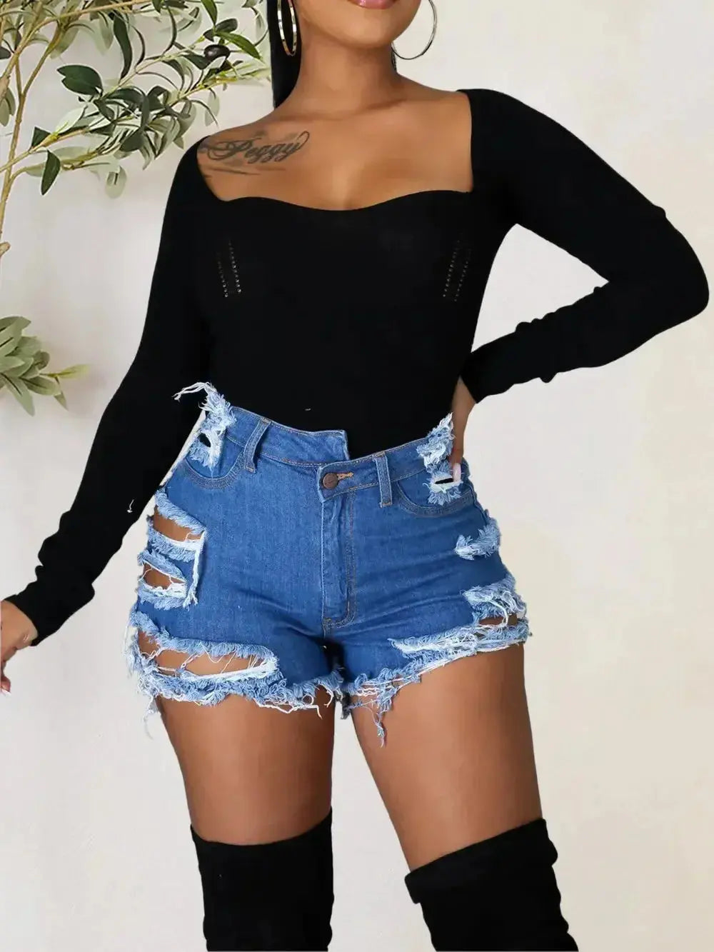 Distressed Raw Hem Denim Shorts with Pockets - DaisyDrop 