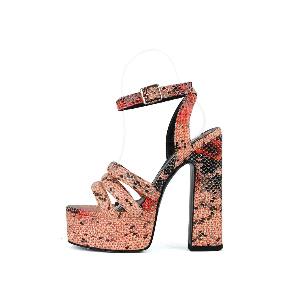 Round toe button strap with exposed toe snake pattern thick heel