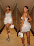 Summer sparkling diamond feather sexy low-cut sequin suspender dress eprolo