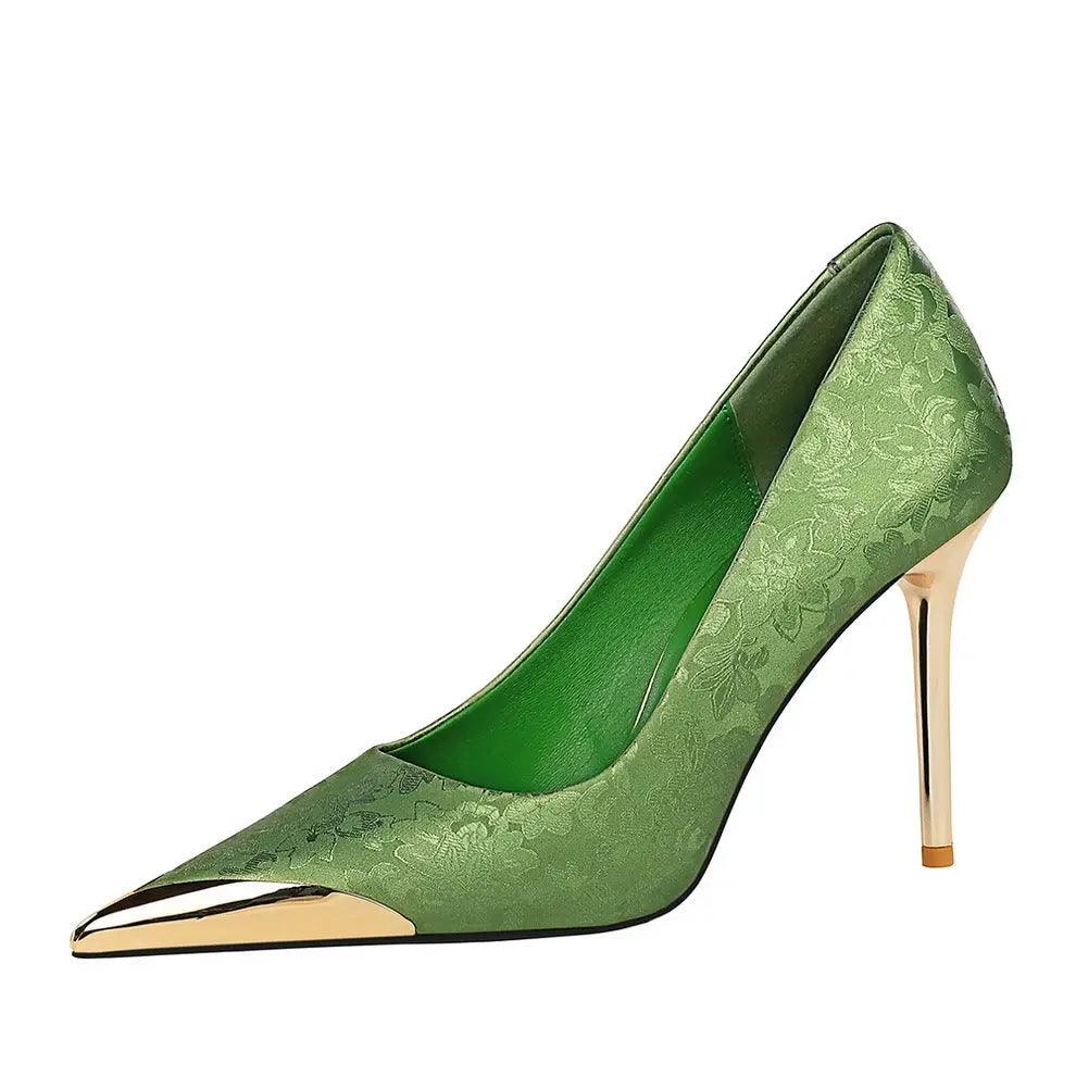 Chinese style women's high heels, silk thin heels, shallow mouth metal pointed satin, banquet high heels, single shoes for women eprolo